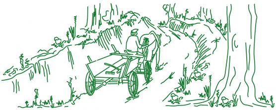 Hohlweg Abbildungsbeschreibung: Zeichnung eines Mannes auf einer Kutsche, der einen Hohlweg entlang fährt.