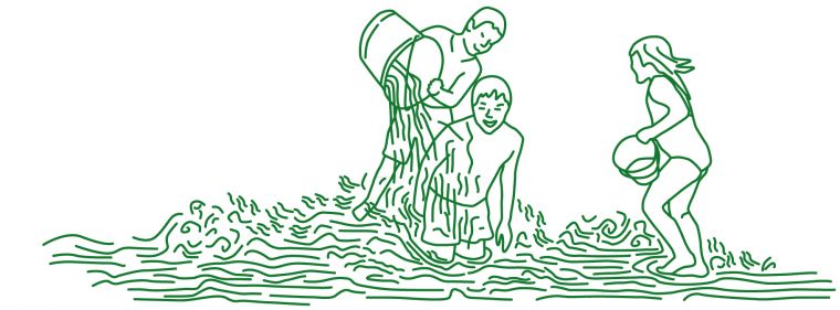 Zeichnung von Kindern im Wasser, die sich mit Wasser übergießen.