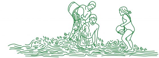Wassererlebnis und -spiel Abbildungsbeschreibung: Zeichnung von Kindern im Wasser, die sich mit Wasser übergießen.