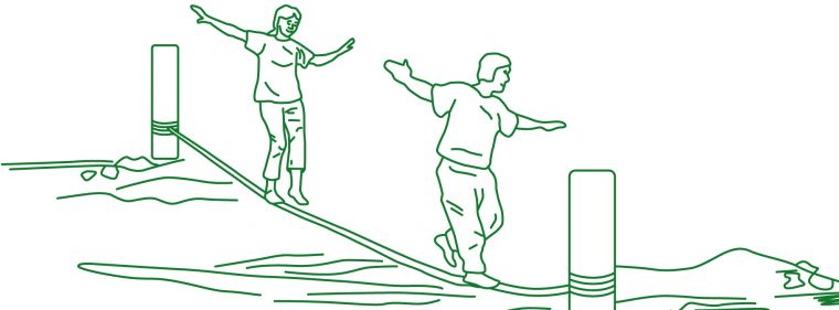 Eine Zeichnung von zwei Kindern,  die auf einem Seil balancieren.
